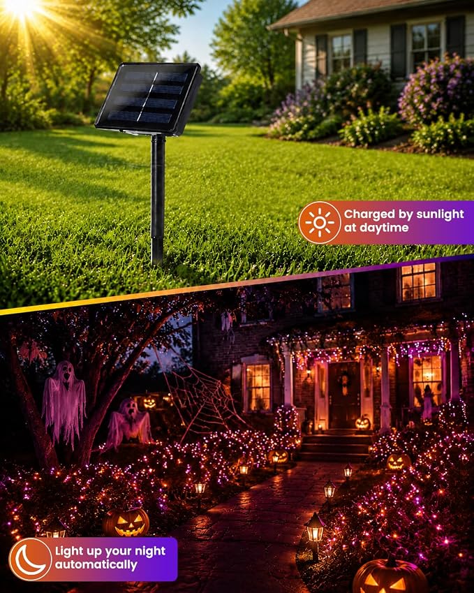 Solar Halloween String Lights Outdoor, 2 Pack 80 FT 200 LED Fairy Lights | Purple and Orange, 8 Modes, Auto On/Off, Waterproof Copper Wire Twinkle Lights for Garden Tree Patio Halloween Decorations