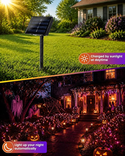 Solar Halloween String Lights Outdoor, 2 Pack 80 FT 200 LED Fairy Lights | Purple and Orange, 8 Modes, Auto On/Off, Waterproof Copper Wire Twinkle Lights for Garden Tree Patio Halloween Decorations