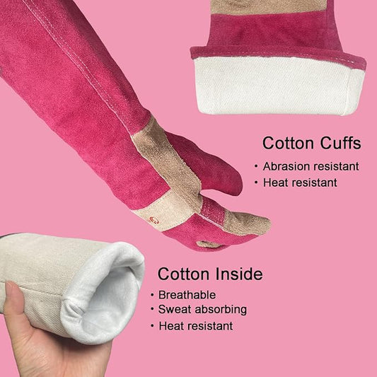 Long Leather Gloves for Women – Pink Heat-Resistant, Durable Work & Gardening Gloves for Pruning, Yard Work, Welding, BBQ, Cooking & Fireplace, Chainsaw, Camping, Woodworking, Outdoor Projects-Small