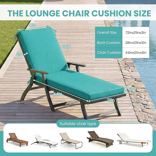 Chaise Lounge Cushions Outdoor, 72 x 21 Inch Water & Fade-Resistant Patio Furniture Lounge Cushion, Beach Umbrella Lounger Chair Replacement Cushion with Removable Cover Pad, Lake Blue