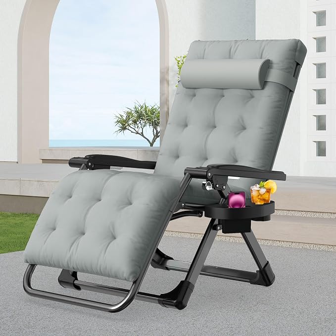 Suteck Zero Gravity Chair, Folding Lounge Chairs with Aluminum Alloy Lock | Folding Patio Recliner w/Removable Pad, Adjustable Headrest and Side Tray for Outdoor Patio, Lawn, and Camping