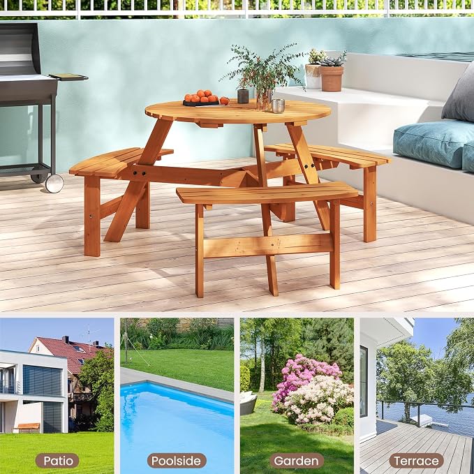 Tangkula 6-Person Wood Picnic Table, Outdoor Round Table and Bench Set with 3 Built-in Benches, Umbrella Hole, Perfect for Outside, Patio, Garden, Backyard, Porch (6-Person,Yellow)