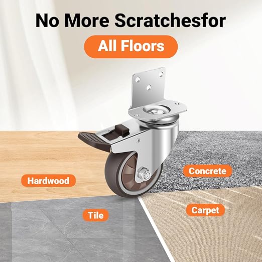 Nefish Side Mount Casters 3 Inch L-Shaped Heavy Duty Rubber Caster Set of 8, Ball Bearing 360 Degree Plate Swivel Castors Wheel, Casters Wheels for Furniture, Baby Bed, Kitchen, Cabinet, Table