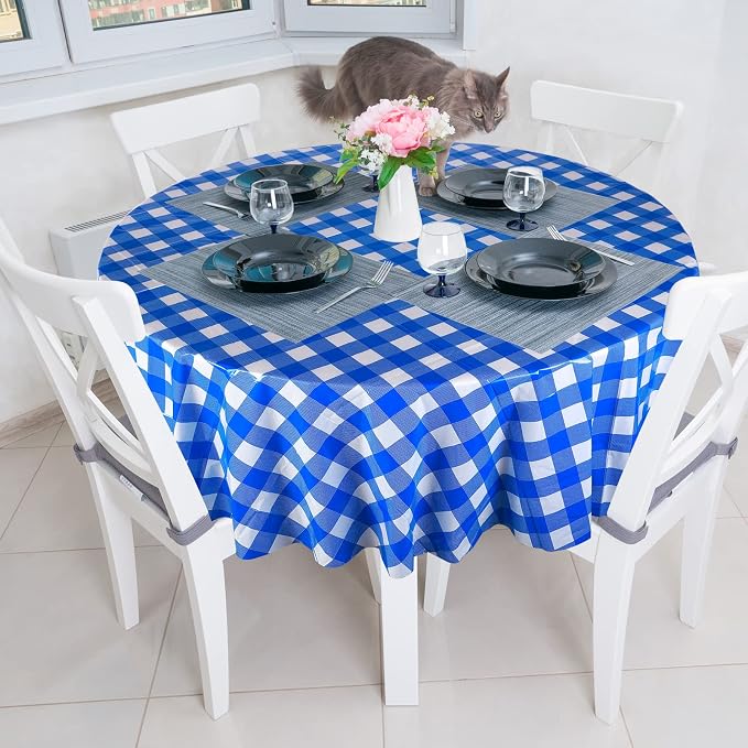 Disposable Checkered Tablecloth Round Plastic Buffalo Plaid Table Cloth 84'' Gingham Tablecover for Picnic Camping BBQ Graduation Party (Blue and White, 3 Pieces)