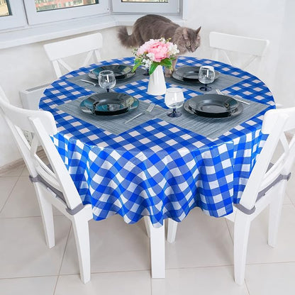 Disposable Checkered Tablecloth Round Plastic Buffalo Plaid Table Cloth 84'' Gingham Tablecover for Picnic Camping BBQ Graduation Party (Blue and White, 3 Pieces)
