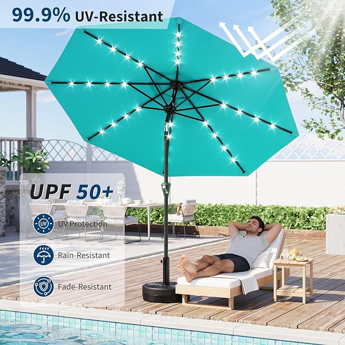 Garvee 10FT Solar Patio Umbrella with 32 LED Lights - Outdoor Table Umbrella with Crank Lift, Push Button Tilt and 8 Sturdy Ribs - Market Umbrella UV Protection for Pool, Deck, Yard, Garden -Sky Blue