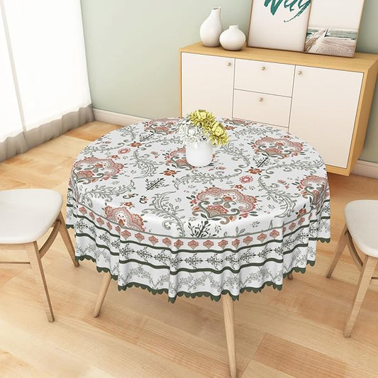 Rustic Floral Tablecloth 60x60 Inch Round Green Pink Flower Boho Spring Wrinkle Resistant Table Cloth Washable Seasonal Retro Circle Table Cover for Home Restaurant Picnic Camping 60x60 Inch