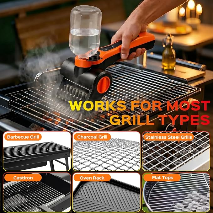 Electric Grill Brush, 100W High Torque Motor BBQ Cleaner with 300ml Water Spray,IPX8 Waterproof & Heat-Resistant, 2-Speed Rechargeable for Gas Charcoal Grill, Includes Scraper & Carry Case