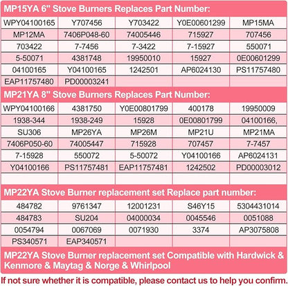 Upgraded MP22YA 4 Pack Electric Range Burner Element Unit Set, 2 x MP15YA 6" and 2 x MP21YA 8" Stove Burners Replacement for Kenmore Hardwick Maytag Norge Whirlpool Electric Range Stove Parts