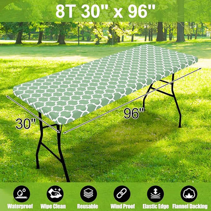 Smiry Picnic Fitted Table Cover, 8 Foot Flannel Backed Vinyl Tablecloth | Waterproof Elastic Stretch Table Cloth, Wipeable Plastic Tablecloth for Camping, Indoor & Outdoor (Sage Green, 30" x 96")