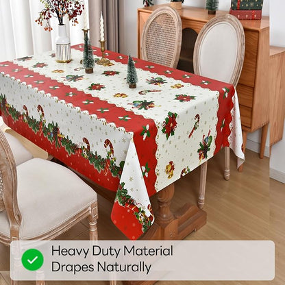 Christmas Tablecloth Heavy Duty Vinyl Red 54x72 inch Square Christmas Table Cloth Reusable Waterproof Foldable Plastic Tablecloths PVC Xmas Table Cover for New Year Party Decor