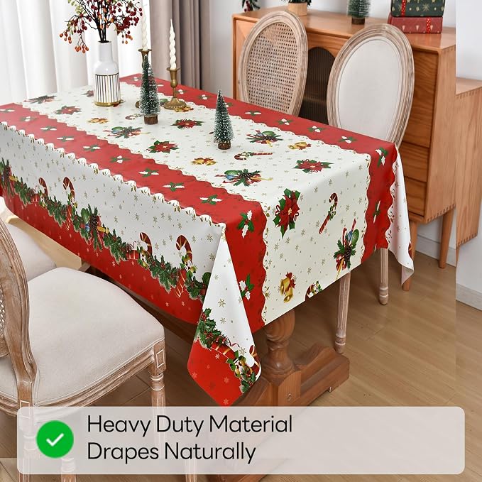 Christmas Tablecloth Heavy Duty Vinyl Red 54x84 inch Square Christmas Table Cloth Reusable Waterproof Foldable Plastic Tablecloths PVC Xmas Table Cover for New Year Party Decor