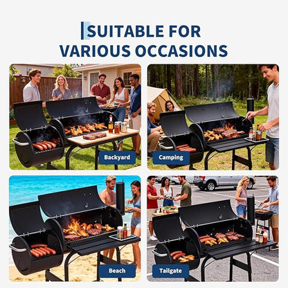 PeakPursuit Barrel Charcoal Grill with Offset Smoker, Portable Outdoor Barbecue Grills with Wheels, BBQ Grill and Smokers Combo for Backyard Patio Party Camping