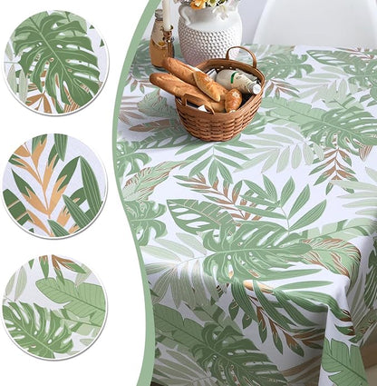 AIRCOWRIE Waterproof Vinyl Tablecloths, Heavy Duty Oil Spill Proof Plastic Table Cloth with Soft-Touch Finish, Wipe Clean PVC Table Cover for Indoor and Outdoor Use (Green Leaf, 54”×120”, Rectangle)