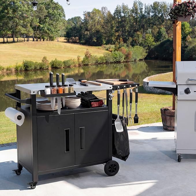 Outdoor Grill Cart with Storage, Stainless Steel Top Movable Kitchen Island for BBQ and Pizza Oven, Heavy Duty Food Prep Station with Foldable Shelf, Hooks and Waterproof Cover