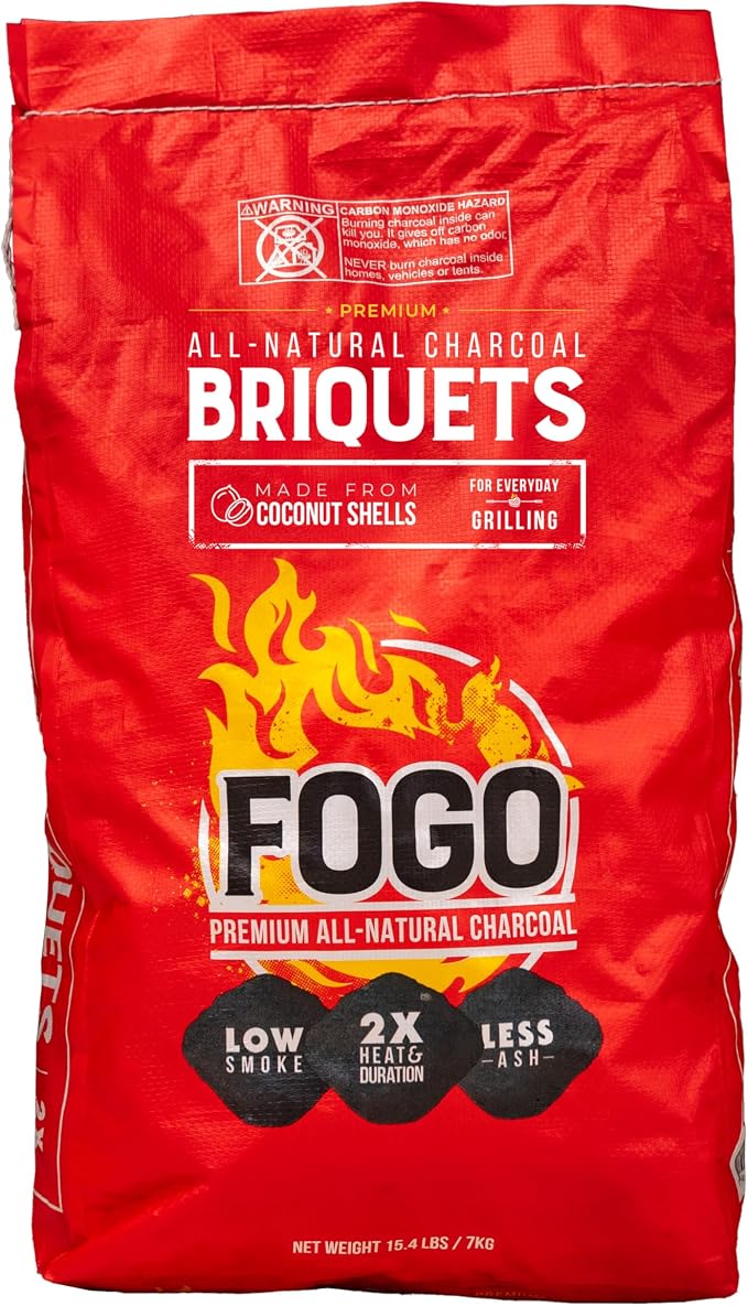 FOGO Coco Briquets All-Natural Charcoal Made from Coconut Shells, Long-Lasting Clean Burning BBQ Fuel for Grilling and Smoking, 15 lb Bag