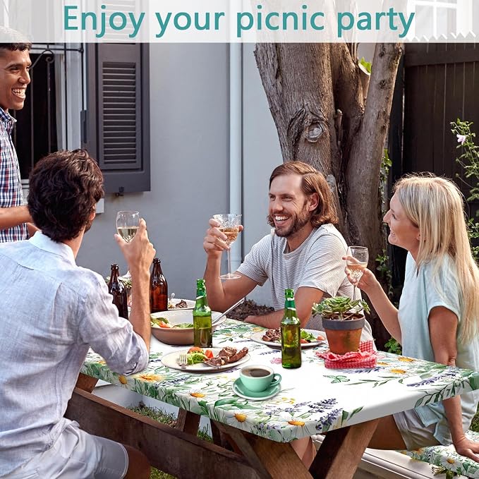Floral Picnic Table Cover with Bench Covers, Camping Essentials, Leaves Flower Butterfly Waterproof Windproof, Fitted Tablecloth Cover with Elastic Edge, for Indoor, Outdoor, 3 PCS, 30x60 Inch