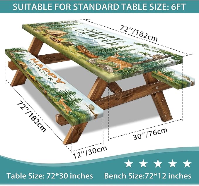Picnic Table Cover with Bench Covers and Bag, Camping Essentials, Funny Wildlife Animals Forest Mountain Waterproof Windproof Camping Tablecloth, Fitted Rectangle Tables and Seats, 3 Pcs, 30x72 Inch
