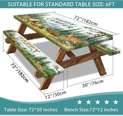 Picnic Table Cover with Bench Covers and Bag, Camping Essentials, Funny Wildlife Animals Forest Mountain Waterproof Windproof Camping Tablecloth, Fitted Rectangle Tables and Seats, 3 Pcs, 30x72 Inch