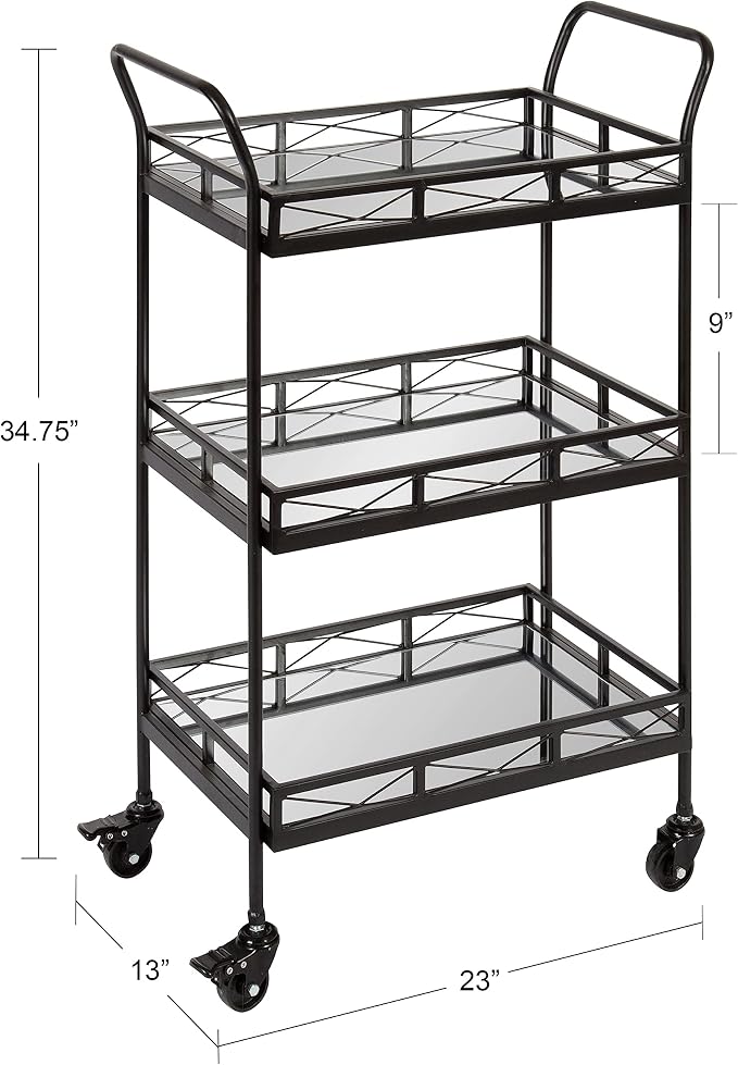 Kate and Laurel Ketia Modern Metal Bar Cart; 23 x 13 x 34; Black; Glamorous Three Tier Bar Cart for Display and Storage