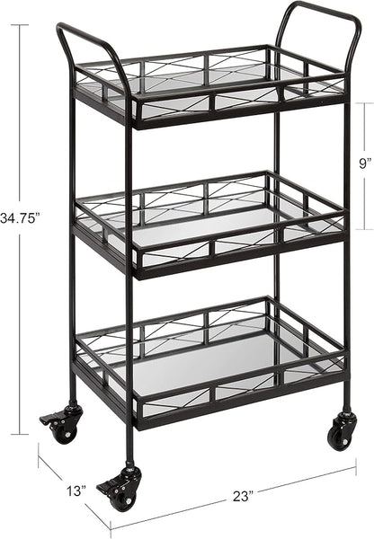 Kate and Laurel Ketia Modern Metal Bar Cart; 23 x 13 x 34; Black; Glamorous Three Tier Bar Cart for Display and Storage