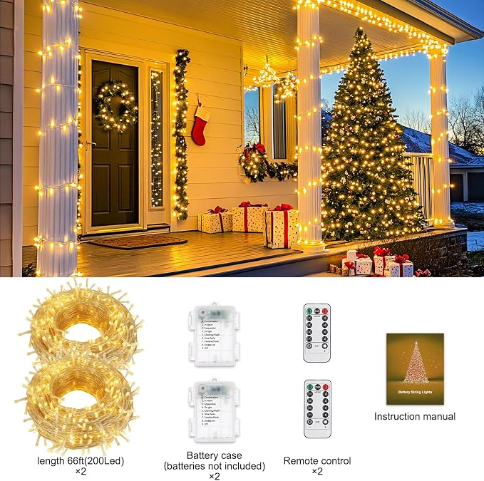 2Pack Christmas Lights Outdoor Battery Operated String Lights with Remote, Total 400LED 135Ft with Timer 8 Modes Waterproof Outdoor Indoor for Christmas Tree Decor, Warm White