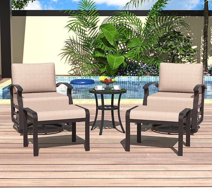 ALAULM 5 Piece Aluminum Outdoor Swivel Chairs High Back Metal Swivel Rocking Chairs with 5.1" Sponge Cushions, 2 Ottmans and 1 Coffee Table for Patio, Porch, Backyards, GardenSand