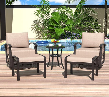 ALAULM 5 Piece Aluminum Outdoor Swivel Chairs High Back Metal Swivel Rocking Chairs with 5.1" Sponge Cushions, 2 Ottmans and 1 Coffee Table for Patio, Porch, Backyards, GardenSand