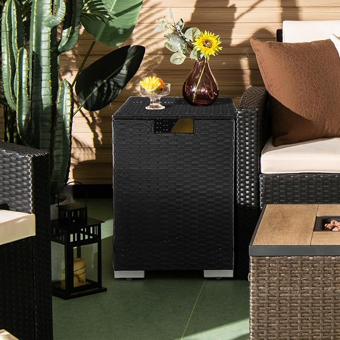 Tangkula Outdoor Propane Tank Cover Table, Patiojoy Wicker Hideaway Table for Gas Fire Pits, 20 lbs Propane Tank Storage Box, Outdoor Wicker Side Table & Propane Tank Holder (Black)