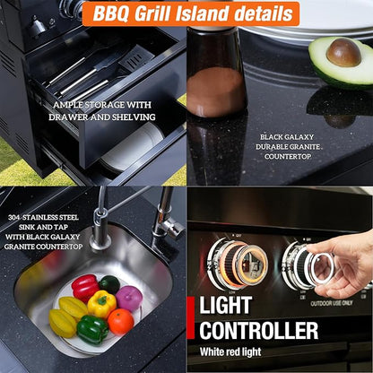 BBQ Grill Island Outdoor Kitchen: Luxury 160 Inch 6-Burner 96000 BTU Stainless Steel Built-in Propane Gas Barbecue Station with Wine Cooler Refrigerator, Rotisserie, Storage Cabinets, Drawers, Sink