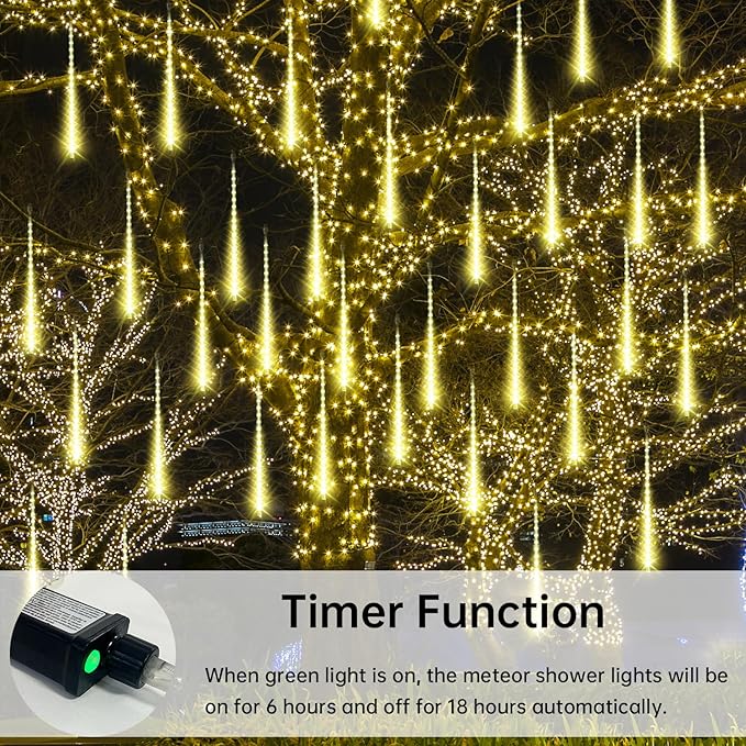 Aluan Christmas Lights Outdoor Meteor Shower Rain Lights, 40cm/16inch 10 Tubes 360 LEDs Waterproof Falling Rain Hanging Light with UL Plug for Christmas Holiday Party Home Garden Decor, Warm White