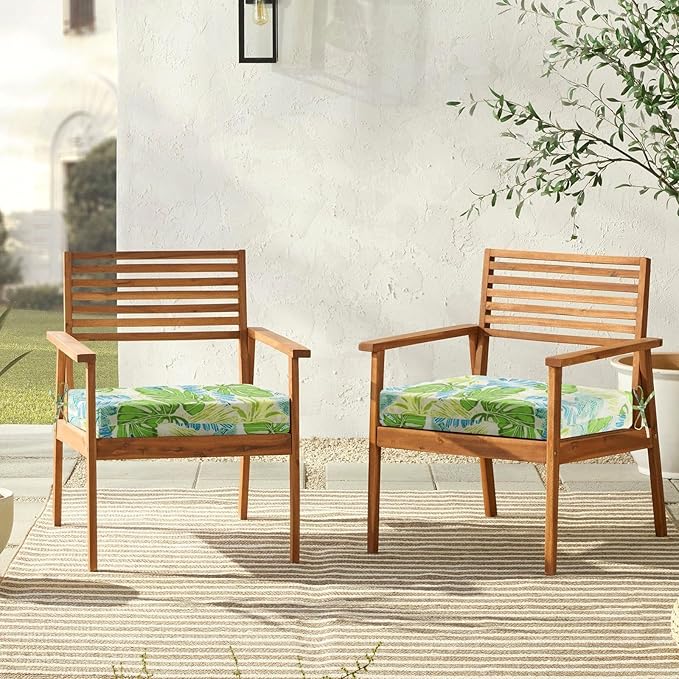 downluxe Outdoor Chair Cushions Set of 4 for Patio Furniture, Water-Resistant Square Patio Chair Cushions with Ties, High Density Foam Outdoor Seat Cushion, 18.5" X 16" X 3", Tropical Green Leaves