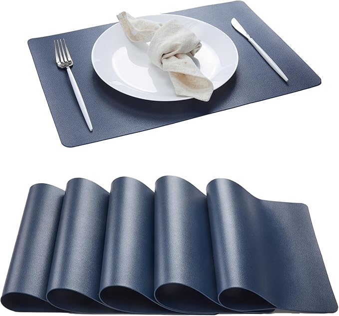DOLOPL Placemats Set of 6-17"x11.8", Faux Leather Heat Resistant Table Placemat for Dining Table Protection, Waterproof Wipeable & Washable Kitchen Table Mats for Dining,Party,Holiday(Navy Blue)