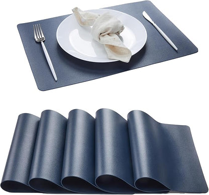 DOLOPL Placemats Set of 6-17"x11.8", Faux Leather Heat Resistant Table Placemat for Dining Table Protection, Waterproof Wipeable & Washable Kitchen Table Mats for Dining,Party,Holiday(Navy Blue)