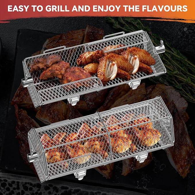 Skyflame Stainless Steel Round Tumble Rotating Rotisserie Basket | Stable Locks Construction, Fits for 5/16 Inch Square, 3/8 Inch Square, 3/8 Inch Hexagon, 1/2 Inch Hexagon Spit Rods