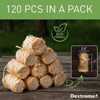 Dextreme Fire Starter (120 PCS) Natural Fire Starters for Campfire, Charcoal Starter, Fireplace, Wood Stove, BBQ, Chimney, Fire Pit, and Grill | All Weather, Odorless, Non-Toxic, w/10 Min Burning Time