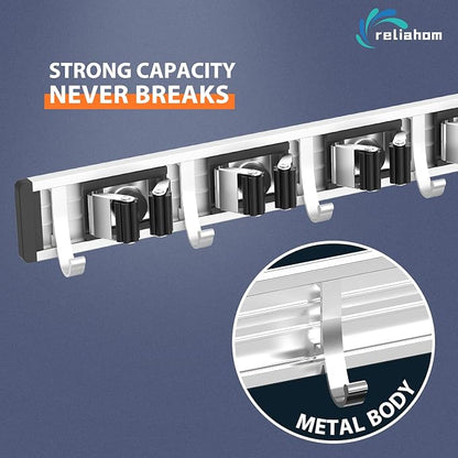 reliahom Broom Holder Wall Mount Mop Hanger Tools organizer 4Racks 5Hooks | Adjustable Mop Broom Wall Hanging Heavy duty Tools Storage Rack Space-saving for Garage,Kitchen,Laundry Room,Garden, Black