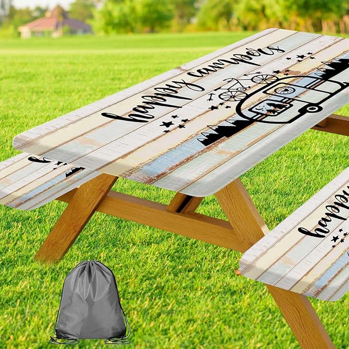 JAWO Picnic Table Cover with Bench Covers 3 Piece Set, Vintage Wooden Camper Pine Tree Camping Elastic Fitted Picnic Tablecloth Outdoor Camping Patio Picnic Table, 30X60 inch