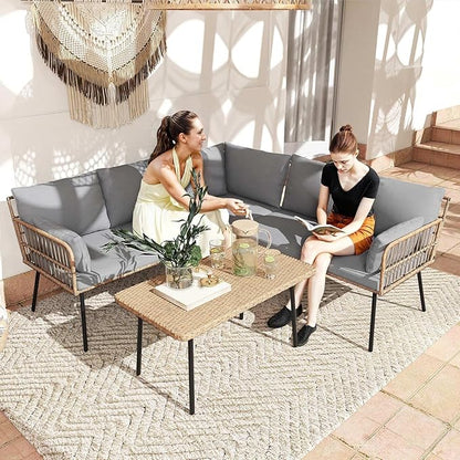 DWVO Patio Furniture Set, 4 Pieces Outdoor Patio Conversation Set, All-Weather PE Rattan Sectional L-Shaped Sofa with Soft Cushion and Side Table for Backyard, Porch, Boho Detachable Lounger (Gray)