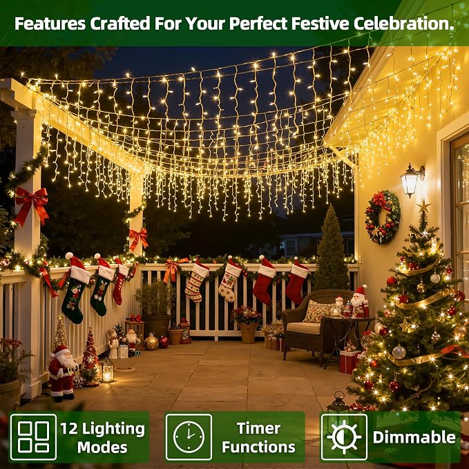 1332 LED 132FT Christmas Lights,296 Drops Icicle Lights with 12 Modes | Warm White Icicle String Lights with Timer and Dimming for Long Rooflines, Wide Eaves, Storefronts and Wedding Backdrops
