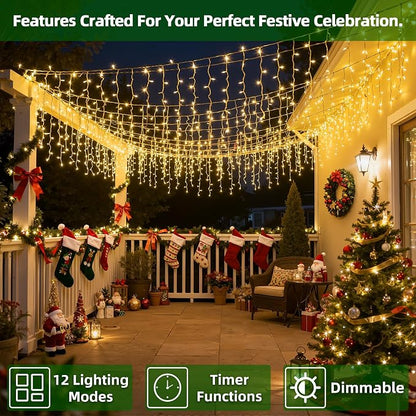 1332 LED 132FT Christmas Lights,296 Drops Icicle Lights with 12 Modes | Warm White Icicle String Lights with Timer and Dimming for Long Rooflines, Wide Eaves, Storefronts and Wedding Backdrops