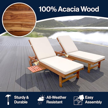 JONATHAN Y Seabrook 23.62" x 68.9" Acacia Wood Outdoor Chaise, Dark Brown | 5-Position Adjustable Back, Ivory Polyester Cushion, Pull-Out Side Table, Built-In Wheels, 600lb Capacity, Modern Coastal
