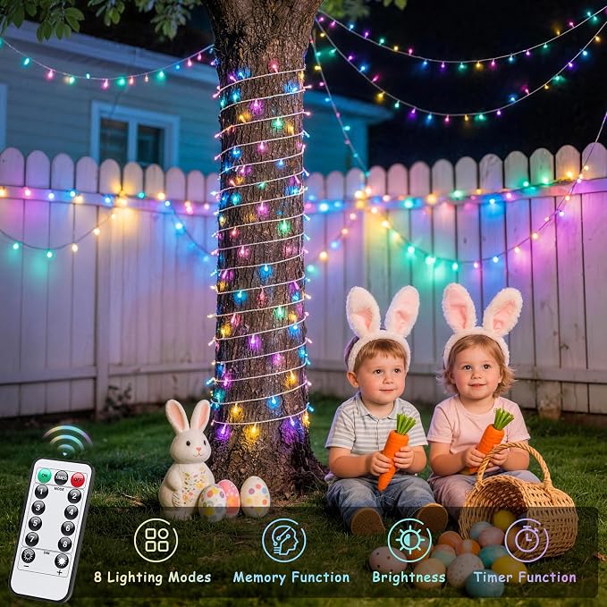 JMEXSUSS 33ft 100 LED Easter Lights Battery Operated, Outdoor Indoor Pastel Lights for Easter, Colorful String Lights for House Porch Yard Garden Tree Decor