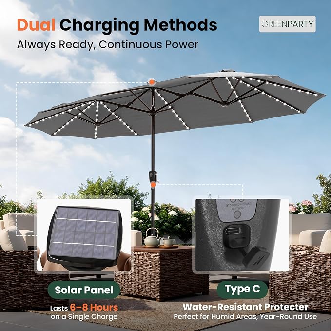 GREEN PARTY 13ft Patio Umbrella with Led Lights, Rectangle Outdoor Umbrella | 12-Mode Solar Lights, Double-Sided Rectangular table Umbrella, Large Shade for Backyard Deck Poolside, Grey(No Base)