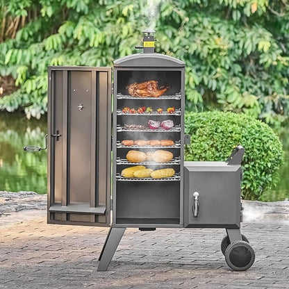 VEVOR Charcoal Offset Smoker, Heavy-Duty Steel BBQ Offset Smoker with Side Firebox, Movable Outdoor Barbecue Smokers with 6 Adjustable Grates, Thermometer & Air Vents for Backyard Patio Party Cooking