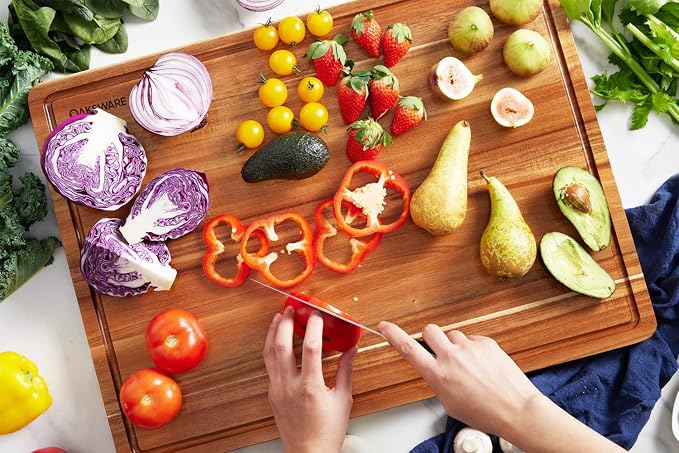 OAKSWARE 30 x 22 Inch Extra Large Acacia Wooden Cutting Board for Kitchen | Deep Juice Grooves, Side Handles & Pre-Oiled Surface, Perfect Countertop Expansion for Prep, Carving & Charcuterie Serving