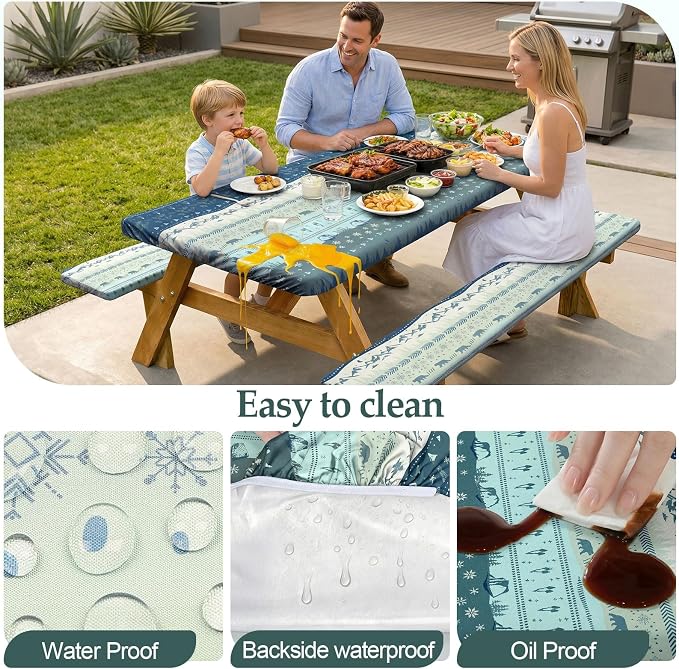 Picnic Table Cover with Bench Covers Camping Essentials Waterproof Windproof Camping Tablecloth with Drawstring Bag, Fitted Rectangle Tables and Seats, 72in, Bohemian