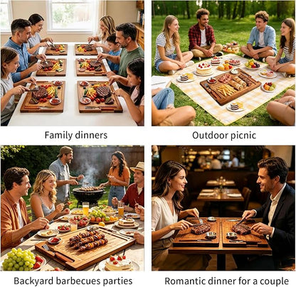 Acacia Wooden Steak Board - Reversible Charcuterie Boards Cutting Board Set with Fork, Knife and 2 SUS304 Ramekins,15.7” Wood Serving Board for Home BBQ,Gift for Women Men(1 Set)