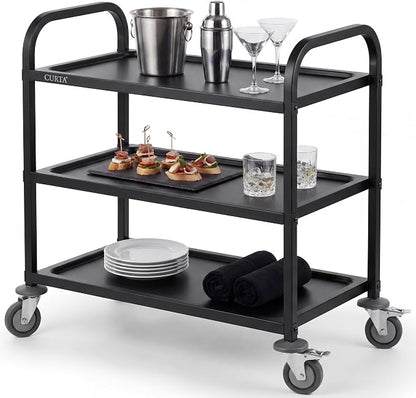 Black Stainless Steel Serving Cart, 3-Tier Rolling Utility Trolley (34"x18"x36"), Heavy Duty Painted Kitchen Cart on Wheels with Brakes, Commercial Grade for Restaurant, Hotel, Salon & Lab