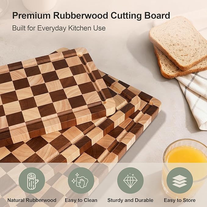 Checkered Cutting Board Set, 3-Piece Wood Checkerboard Cutting Boards for Kitchen with Stand, Chopping Board Set with Juice Groove & Handle for Meat, Vegetables, Cheese & Serving